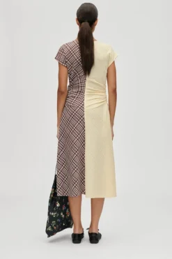 2118 Checkered Jersey, Ruched Waist Midi Dresssg-aw25-d156-2118*Stine Goya New